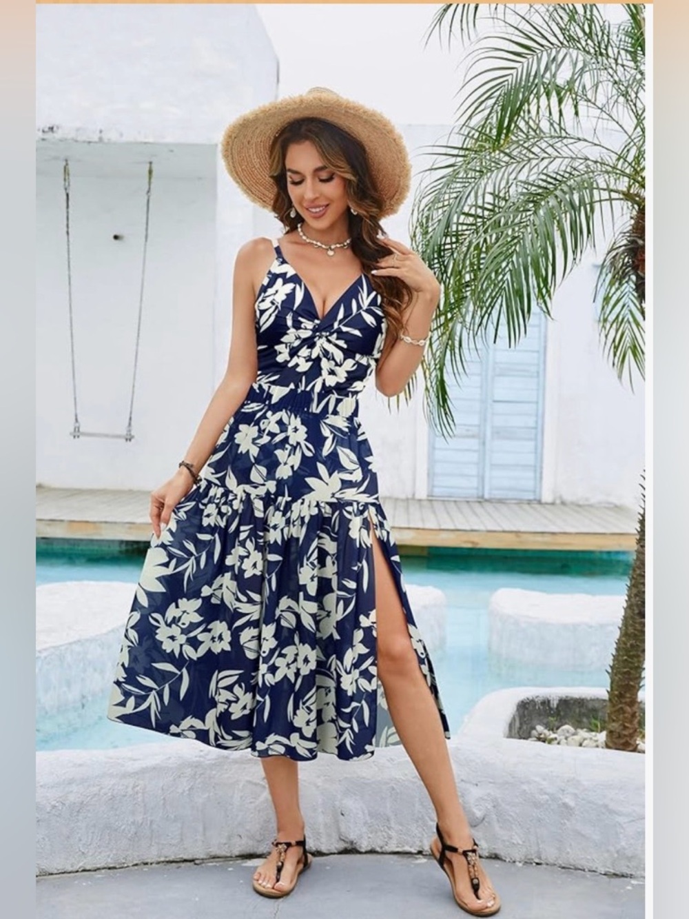 Grace Karin Navy Blue & Cream Floral two piece Summer